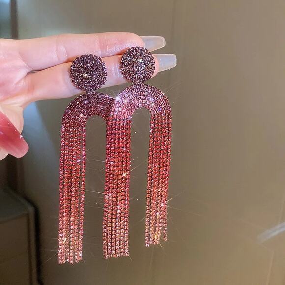 Ombre Maroon Red Rhinestone Dangle Drop‎ Earrings Holiday Jewelry - Picture 2 of 4
